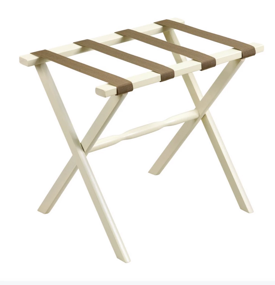 Gate House Furniture Luggage Rack-Ivory Frame With Brown/Beige Greek Key Straps Gate House Furniture Luggage Rack-Ivory Frame With Brown/Beige Greek Key Straps
