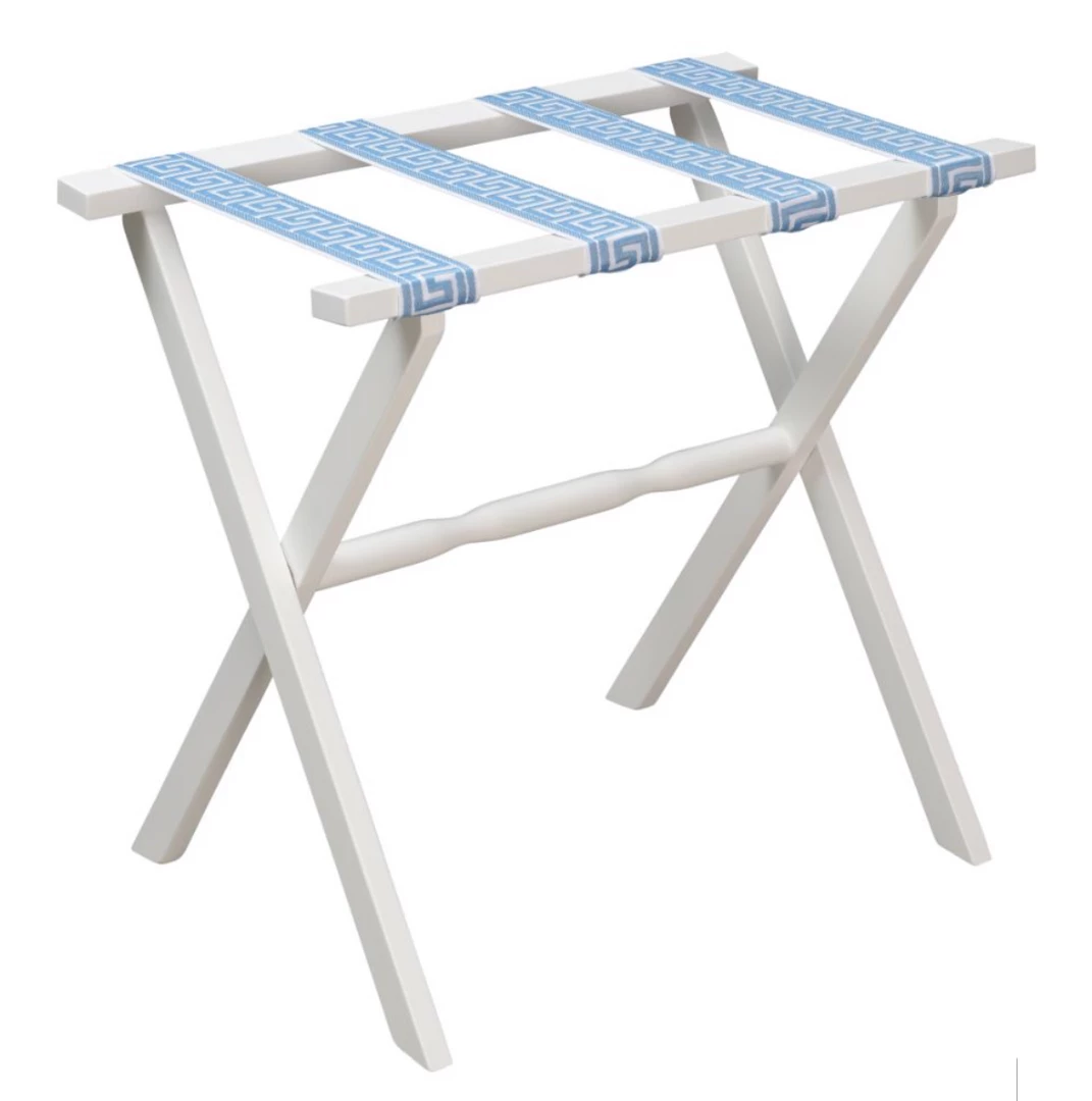 Gate House Furniture Luggage Rack-White Frame With White & Sky Blue Greek Key Straps Gifts By Occasion Gate House Furniture Luggage Rack-White Frame With White & Sky Blue Greek Key Straps Gifts By Occasion